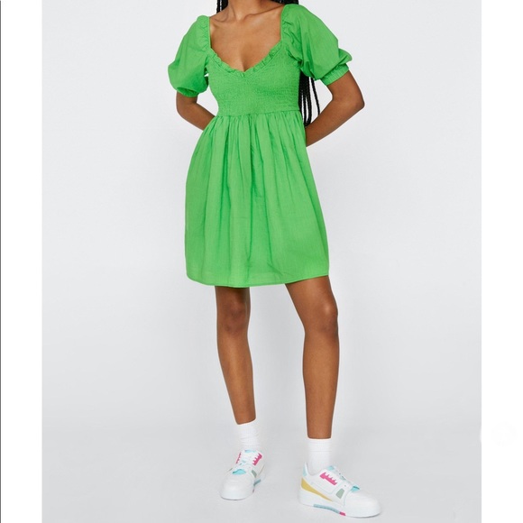 Shirred Milkmaid Mini Dress Green NWT - Picture 1 of 11